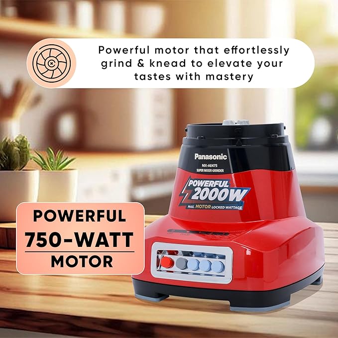Ajantha - Panasonic MX-AE475 (Red) | Monster 750 Watts Juicer Mixer Grinder |With 3 Stainless Steel & 1 Juicer Extractor Jar|2 Years Product & 5 Years Motor Warranty |