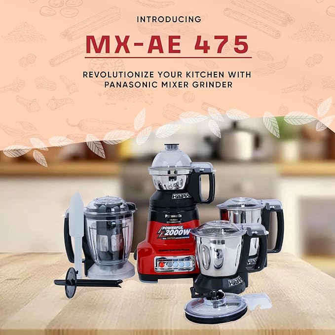 Ajantha - Panasonic MX-AE475 (Red) | Monster 750 Watts Juicer Mixer Grinder |With 3 Stainless Steel & 1 Juicer Extractor Jar|2 Years Product & 5 Years Motor Warranty |